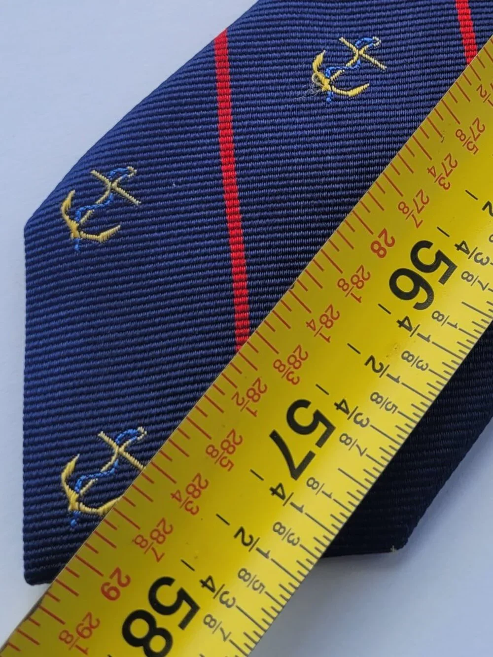 J Crew Men's 100% Silk Tie Anchor Striped Classic Navy Blue & Red Embroidered